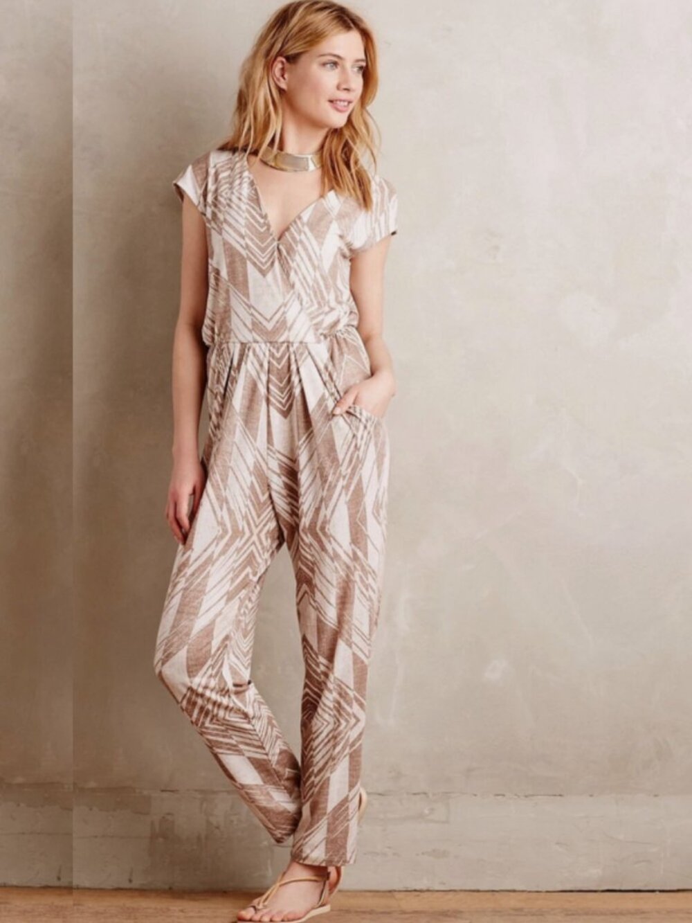 Corey Lynn Calter Anthroplog Geo Jersey Tan & White Jumpsuit